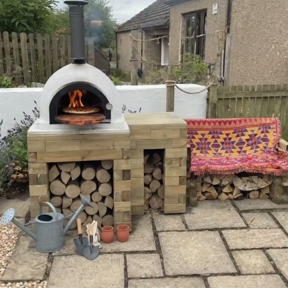 Pizzaovn Bord med Opbevaring & Bænk / 270 x 90 x 95 cm