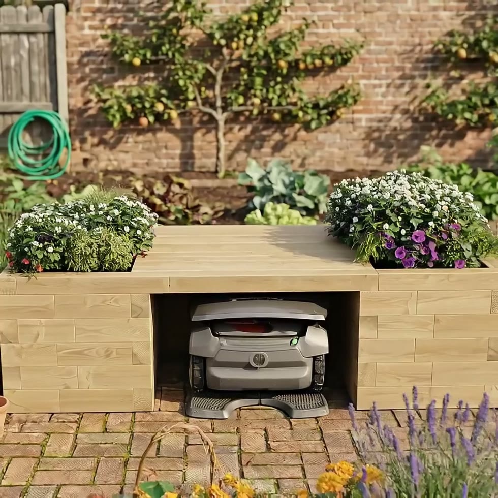 Robotplæneklippergarage med plantebænk / 202.5 x 90 x 55 cm