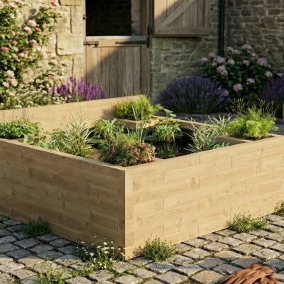 Stor hævet dam med plantehjørner / 187,5 x 187,5 x 65 cm