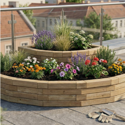 Kaskaderende buet hjørne hævet bed / 225 x 225 x 45 cm