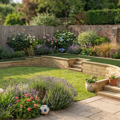 Buet støttemur med trin og dækplads / 950 cm x 296 x 60 cm