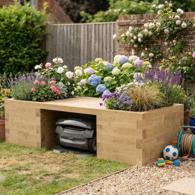 Robotplæneklippergarage med plantebænk / 202.5 x 90 x 55 cm