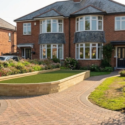 Lagdelte buede hjørnehave terrasser / 600 cm x 333 cm