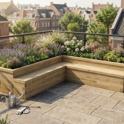 Stor L-formet hævet bed med siddepladser / 375 x 375 x 65 cm