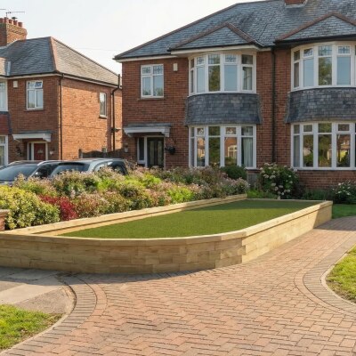 Lagdelte buede hjørnehave terrasser / 600 cm x 333 cm